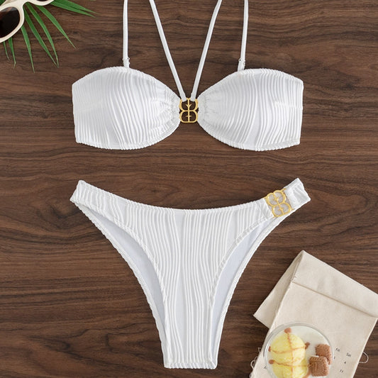 Bikini Metal Buckle Swimwear Women Word Buckle Split Swimsuit with Chest Pad