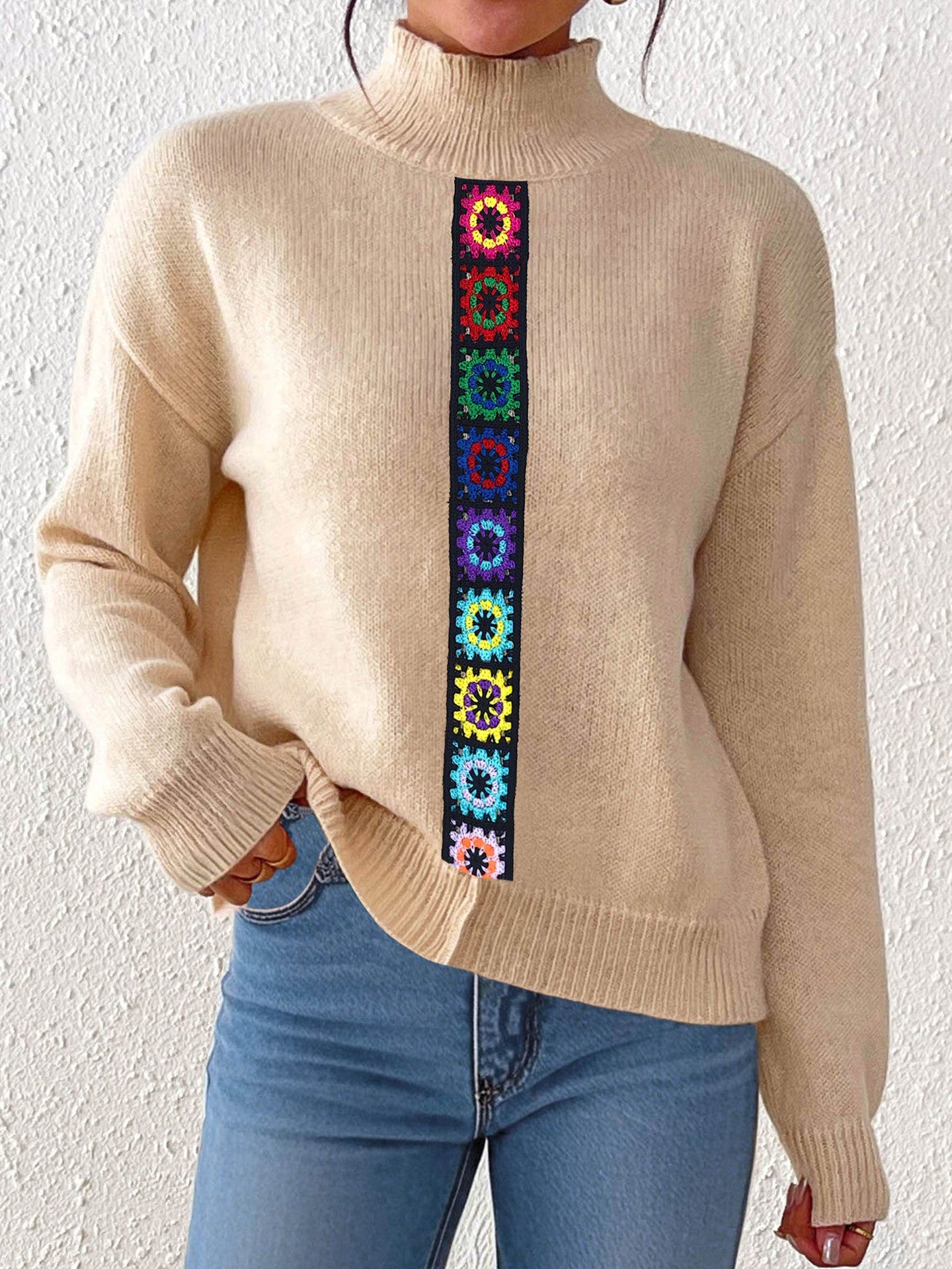 Women Clothing Personality Color Random Imitation Hand Crocheted Stitching Woven Top Pullover Sweater