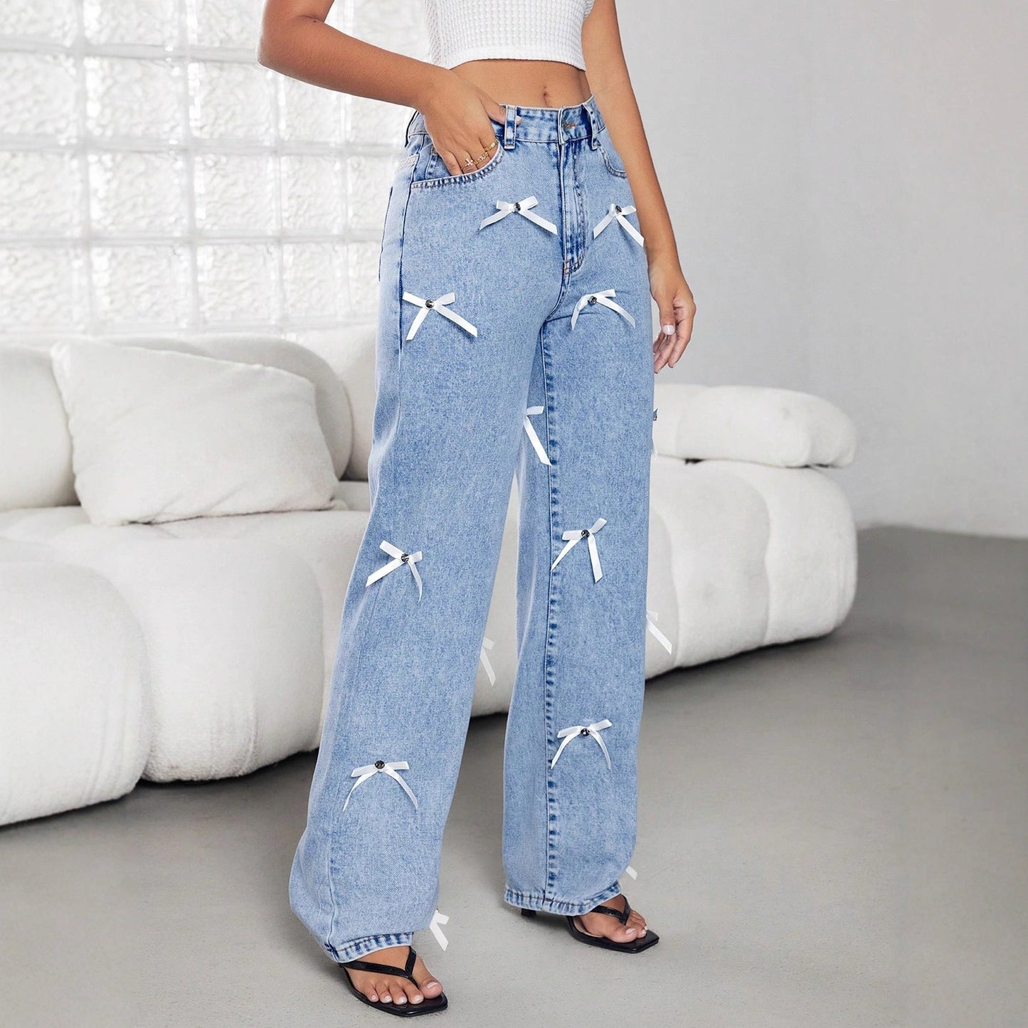 Bow Ribbon Women' Four Seasons Women Wide Leg Denim Trousers