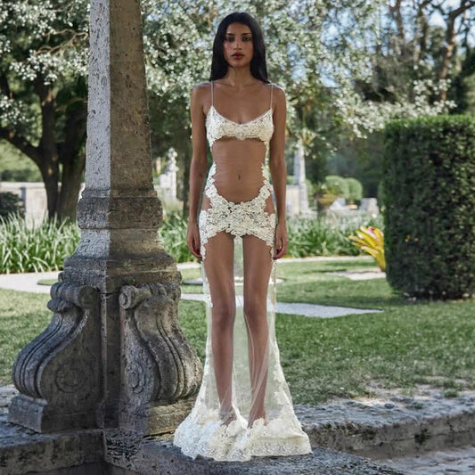Summer Women Mesh Lace Lace Spaghetti Strap Dress See through Sexy Nightdress Vacation Maxi Dress