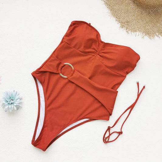 Detachable Shoulder Strap Slip on One Piece Swimsuit Women Solid Color Tube Top