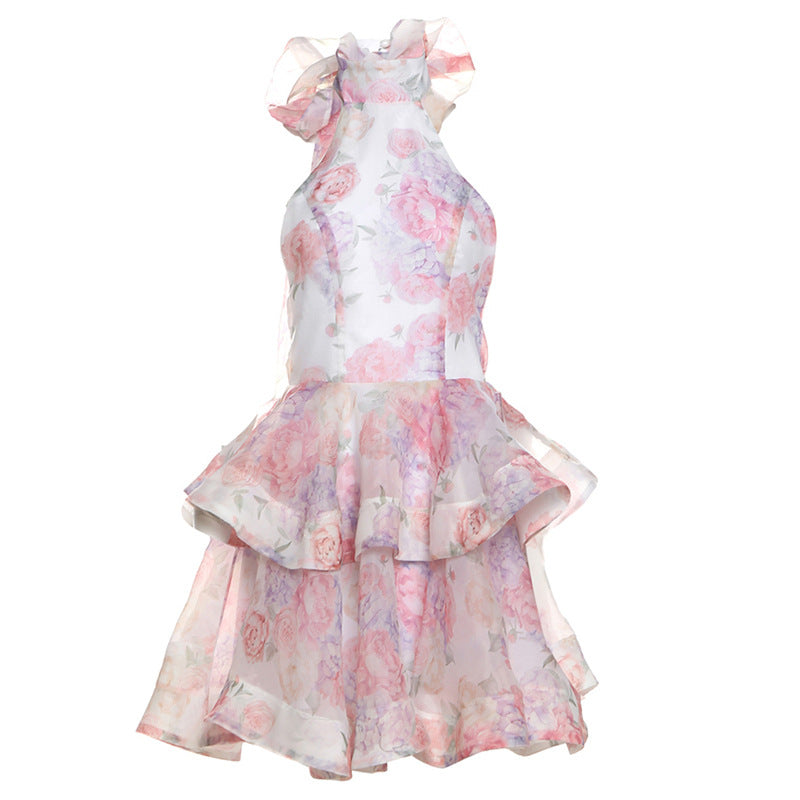 Spring Women Printed Short Sexy Backless Halter Slim Fit Dress