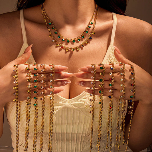 Classic Stainless Steel Color Rhinestone Tassel Necklace Women Twin Titanium Steel Clavicle Chain Jewelry