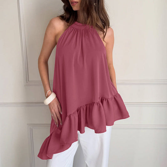 Summer Loose Slimming Irregular Asymmetric Design Halter Sleeveless Vest Women Chiffon Shirt Top