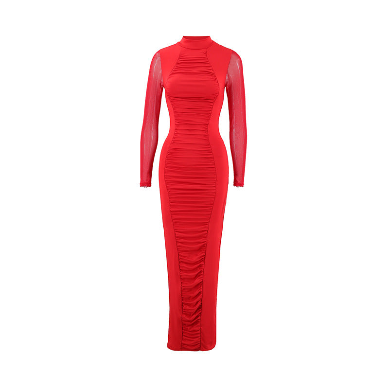 Autumn Elegant Socialite Private Clothes Pleated Turtleneck Long Sleeve Waist Tight Hip Slim Fit Dress