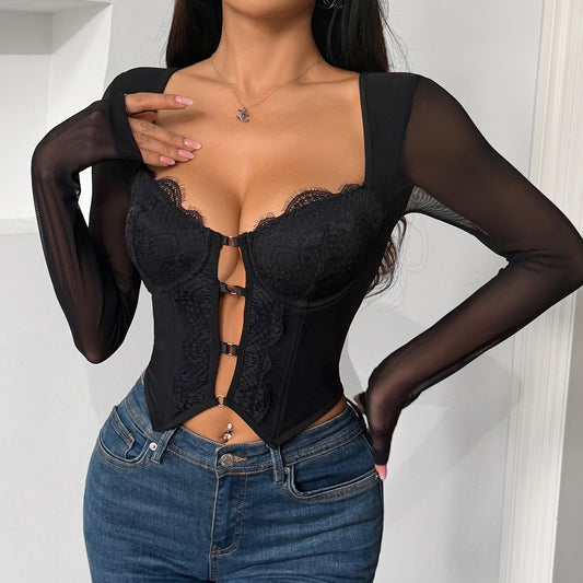 Sexy Street Shooting Hollow Out Cutout Metal Decorative Long Sleeved T shirt Steel Ring Boning Corset Slim Fit Push up Tops