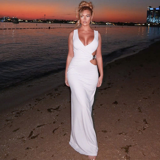 Summer Women Clothing Solid Color V neck Maxi Dress Sexy Cutout Sheath Dress Women