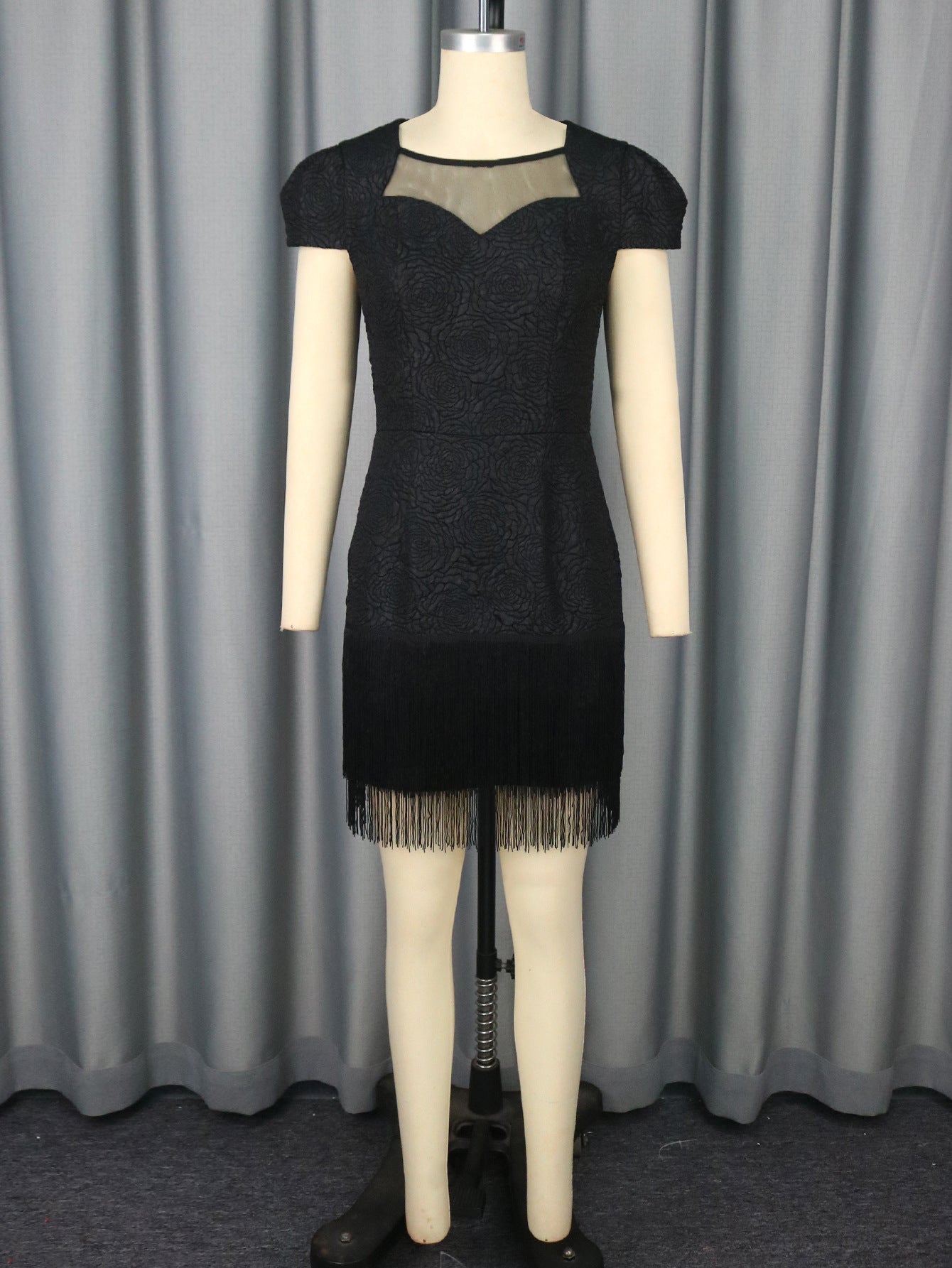 Hollow Out Cutout Mesh French Black round Neck Dress Tassel Hem Cocktail Evening Dress