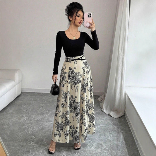 Square Collar Dress Women Elegant Floral Print Long Sleeve Waist Dress