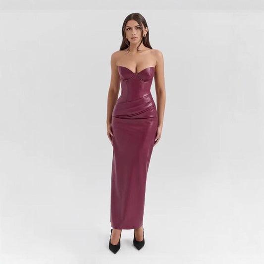 Leather Tube Top Dress Sexy Lace up Slit Sheath Maxi Dress Evening Dress