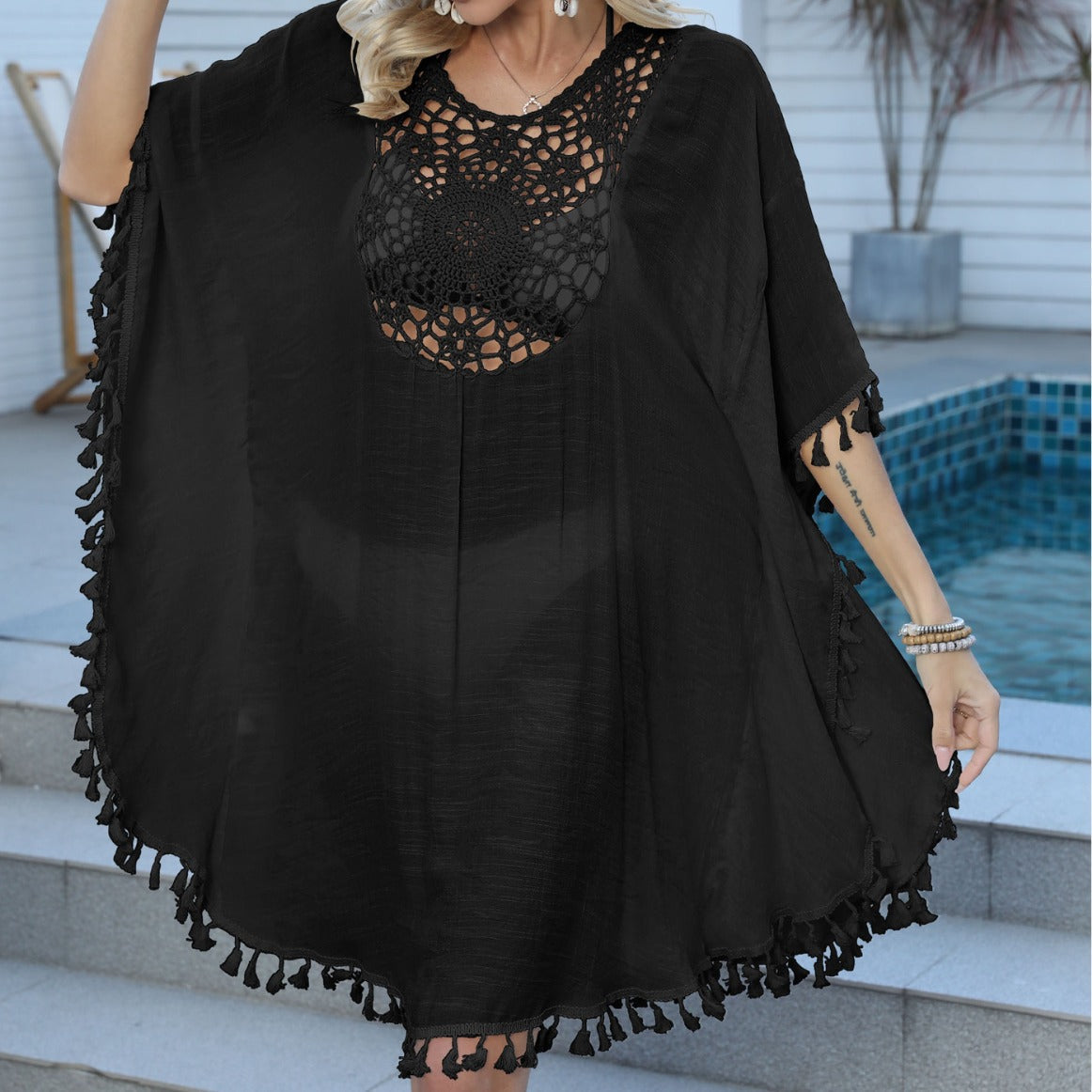 Beach Vacation Blouse Women Clothing Crocheted Stitching Tassel Bikini Cover Up Blouse Dress