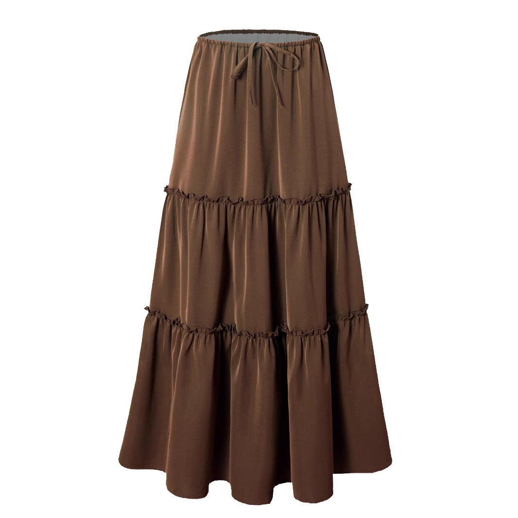 Women High Waist Elastic Pocket Long Adjustable Lace up Skirt Women