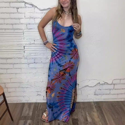 Sexy Slim Printed Backless Self Tie Slit Dress Women