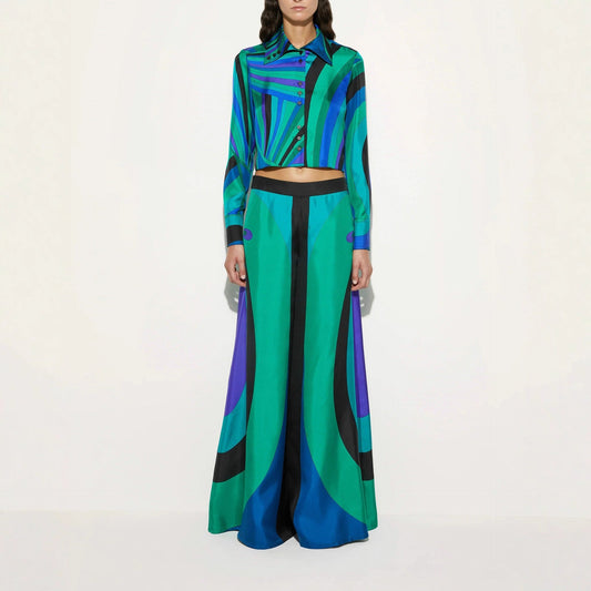 Positioning Printing Satin Long Sleeve Shirt Trousers Wide Leg Pants Two Piece Sets
