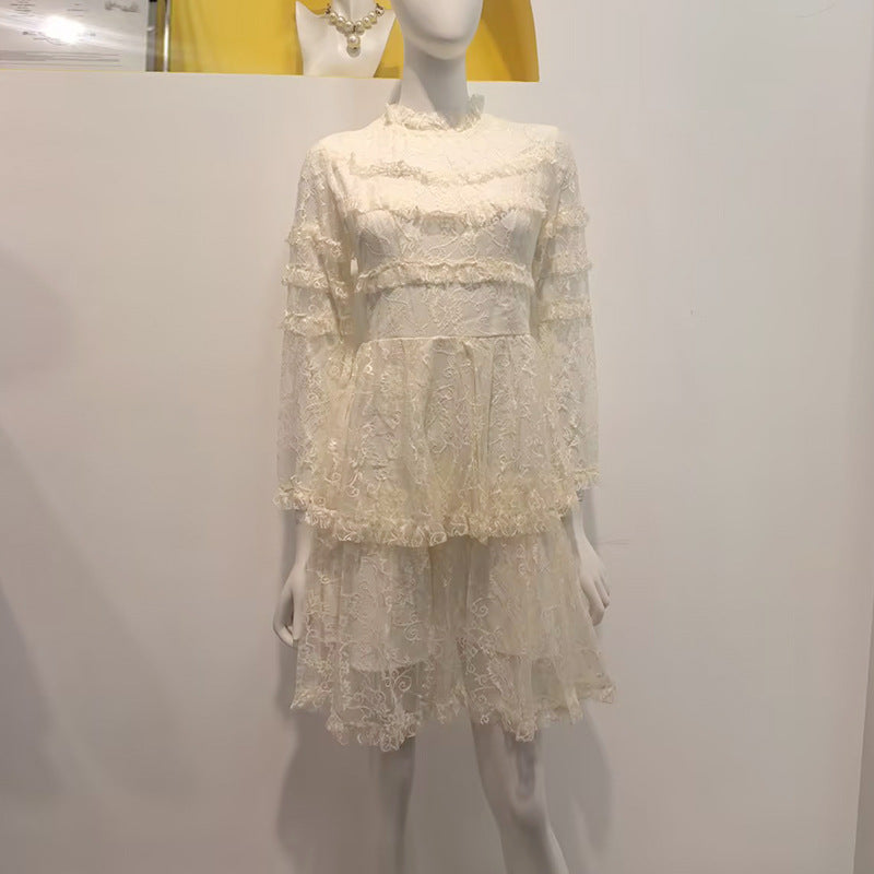 Spring Elegant Casual Stitching Lotus Leaf See through Printed Stand Collar High Waist Long Sleeves Dress Women