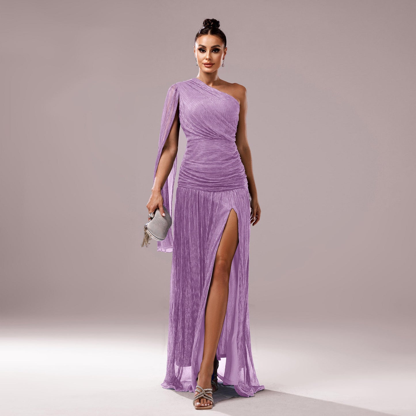 Women Clothing Premium One Shoulder Diagonal Collar Long Sleeve Slim Fit Slit Cocktail Evening Dress