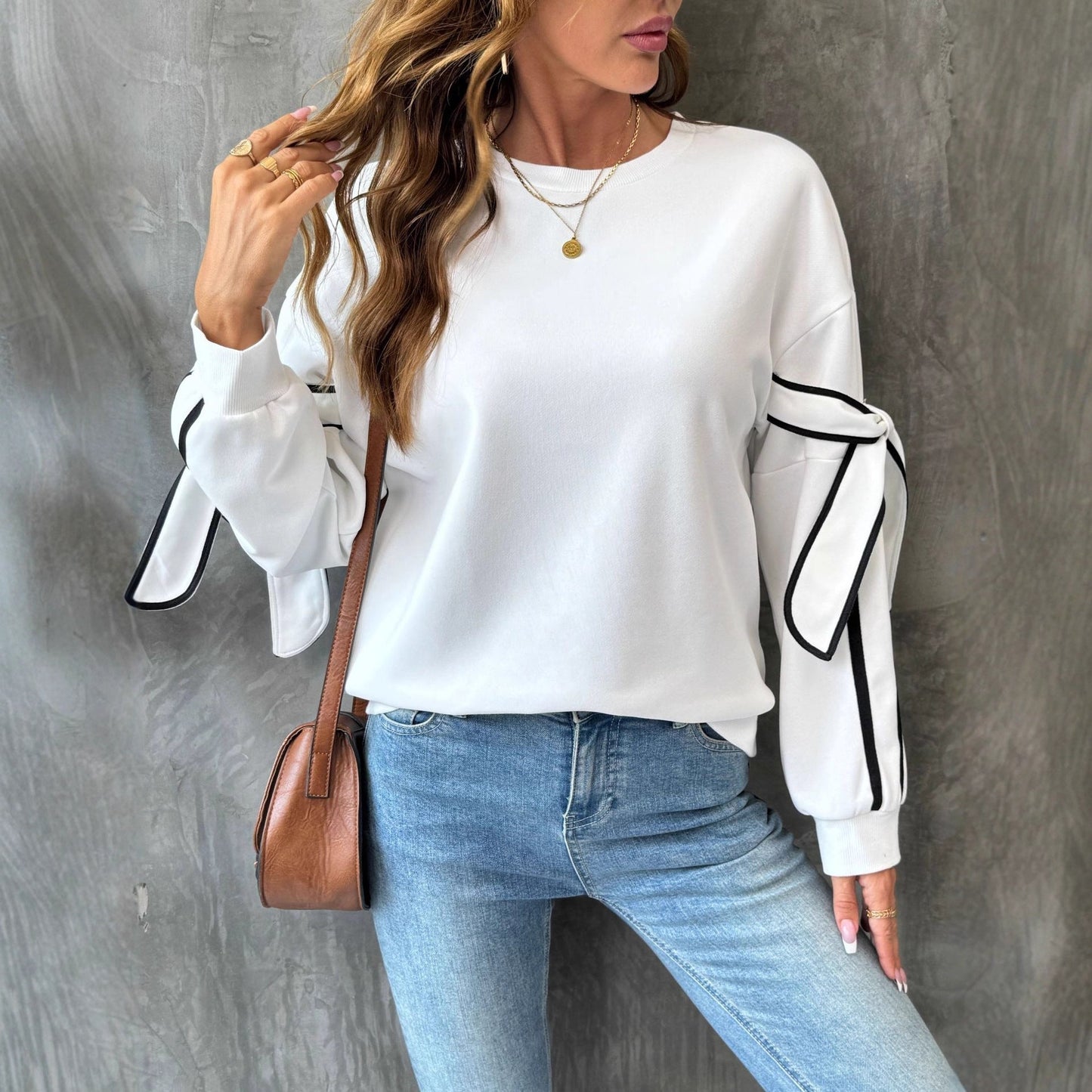 Autumn Contrast Color Three Dimensional Bow round Neck Long Sleeve Pullover Hoodie Women