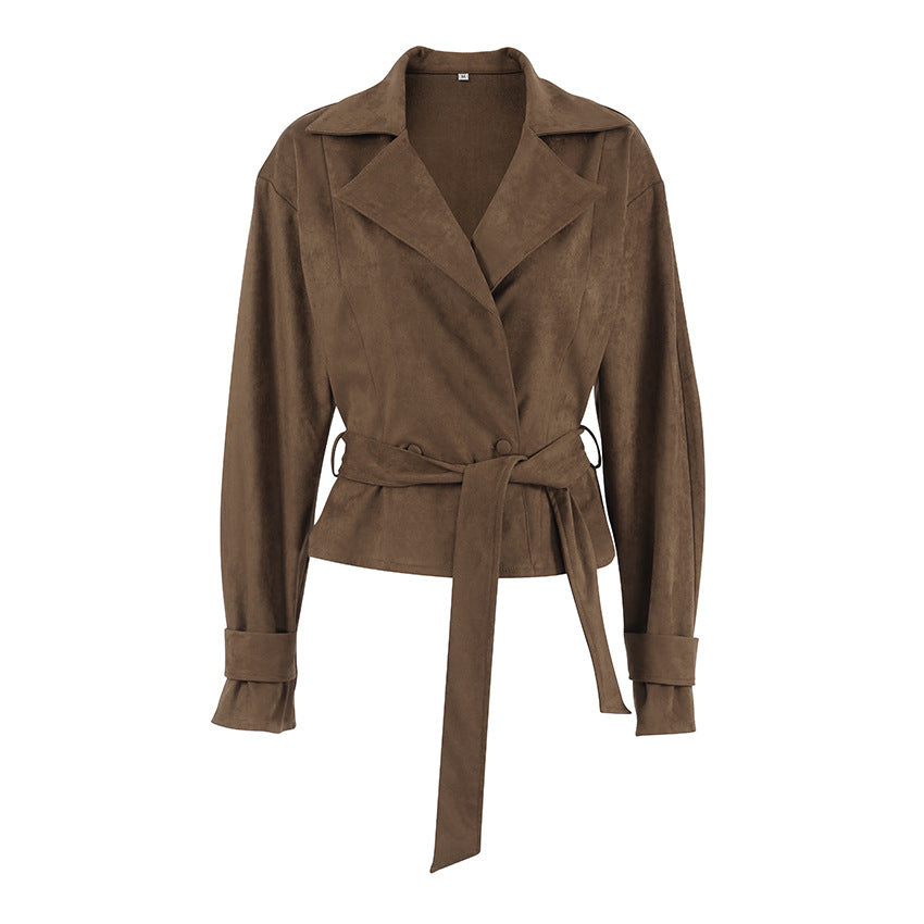 French Suede Collar Casual Double Breasted Coat Fall Winter Brushed Velvet Coat