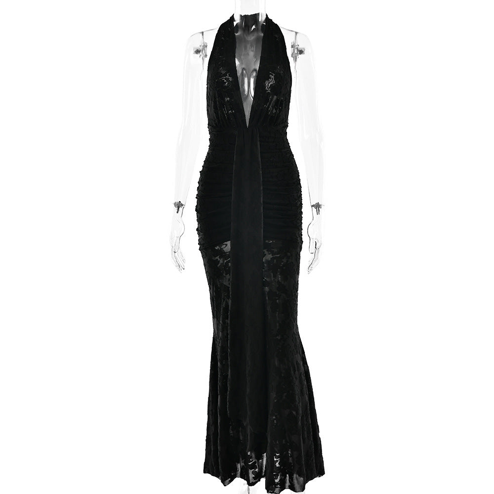 Lace Pleated Maxi Dress Women Sexy Deep V Plunge neck Backless Sheath Dress