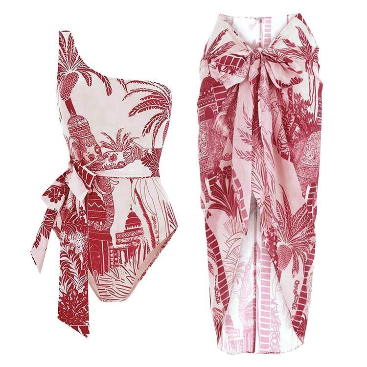 Slant Shoulder Slimming Printed Belt One Piece Swimsuit Women Clothing