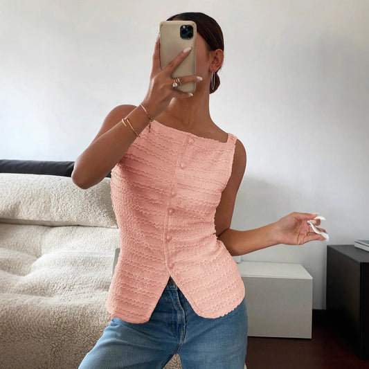 Elegant Single Breasted round Neck Sleeveless Slim Vest Solid Color Women Top