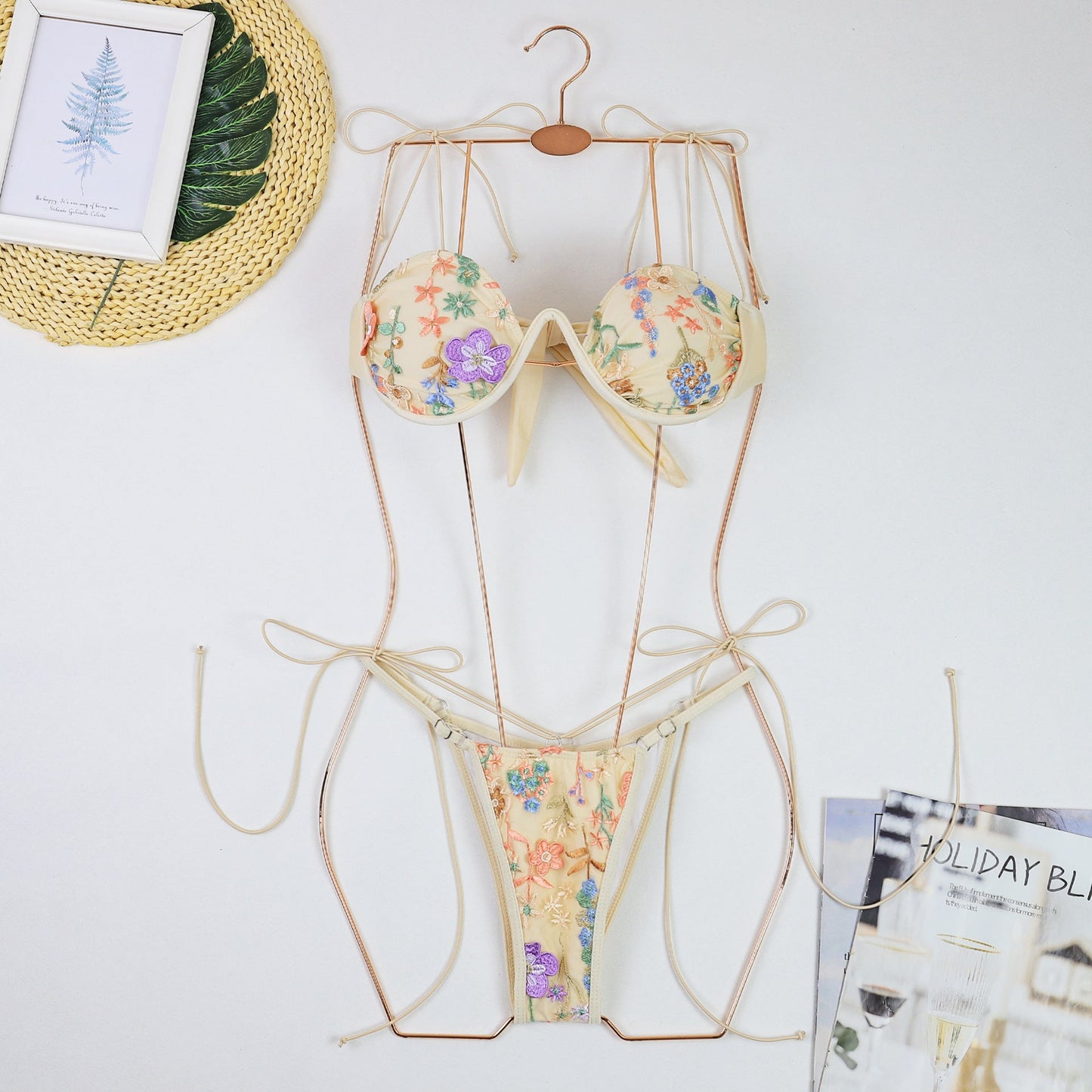 Embroidery Push up Bikini Swimsuit Women Sexy Thin Strap Three Point Steel Bracket Split Swimsuit