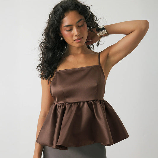 Satin Sling Summer Sexy Backless Adjustable Price Spaghetti Straps Sleeveless Ruffle Top