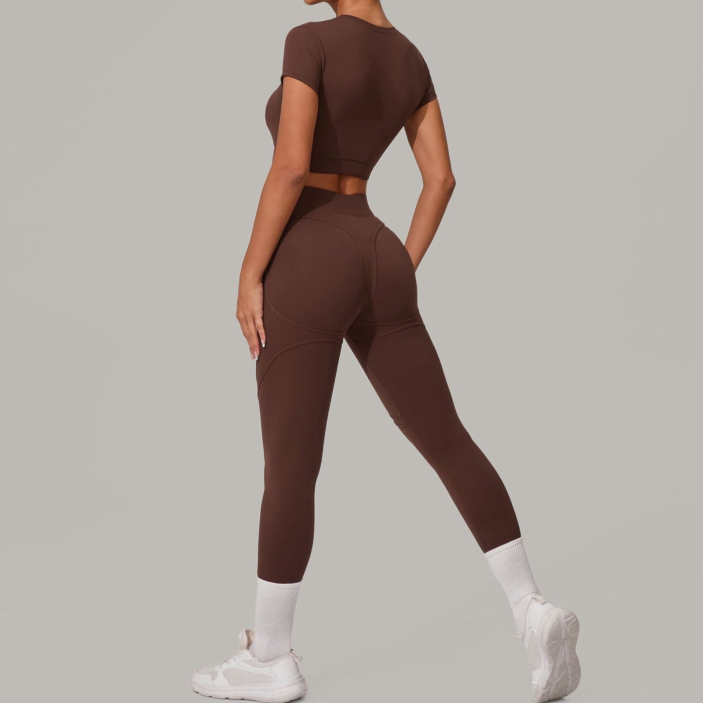 Autumn Sand Brushed Yoga Two Piece Sets Tight High Waist Hip Lifting Yoga Running Exercise Workout Outfit