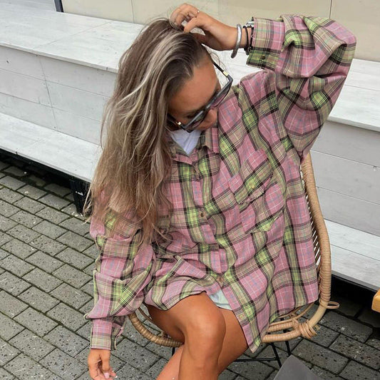 Casual All Matching Plaid Shirt Women Spring Autumn Retro Lapels Long Sleeve Loose Cardigan Top Shirt