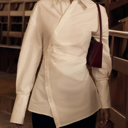 Cotton White Collared Long Sleeve Waist Women Shirt Cross Design Irregular Asymmetric Cardigan Top
