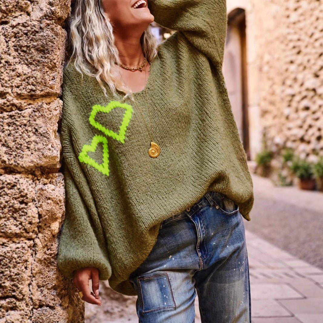 Autumn Winter Love Pattern V neck Sweater Women Casual Loose Long Sleeve Pullover Sweater