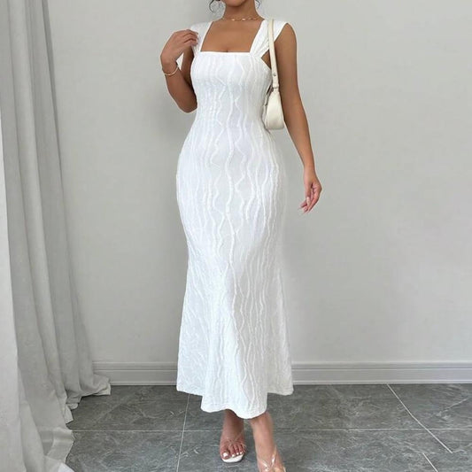 Striped Sexy Square Collar Sling Backless Maxi Dress