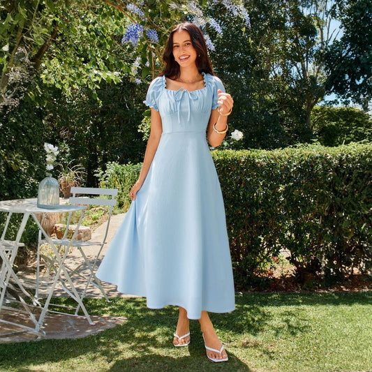 Summer Women Clothing Solid Color Elegant Dress Square Collar Lace up Tight Waist A line Midi Dress