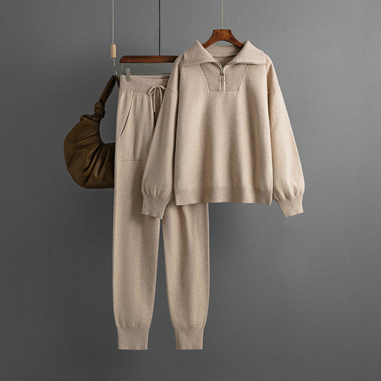 Polo Collar Sweater Suit Women Autumn Winter Women Clothing Loose Casual Knitted Two Piece