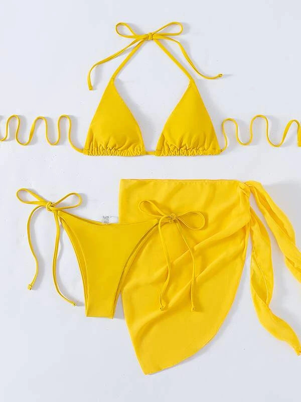 Solid Color Triangle Cup Bandage Sexy Bikini Three Piece Swimsuit