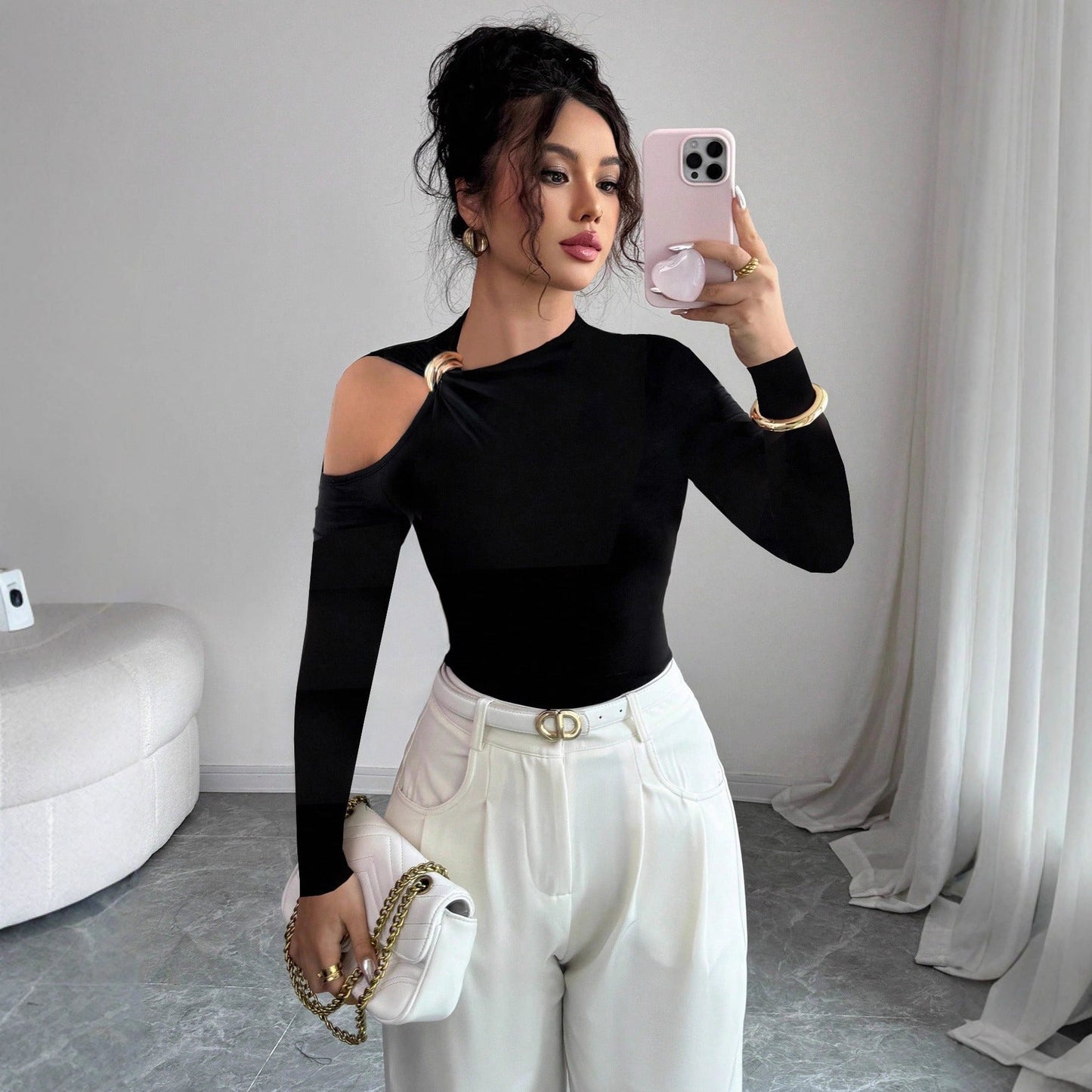 Autumn Winter Asymmetric Collar One Side off Shoulder Metal Decoration Slim Fit Slimming Top