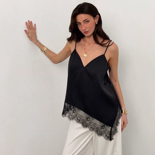 V neck Irregular Asymmetric Lace Patchwork Top Loose Camisole