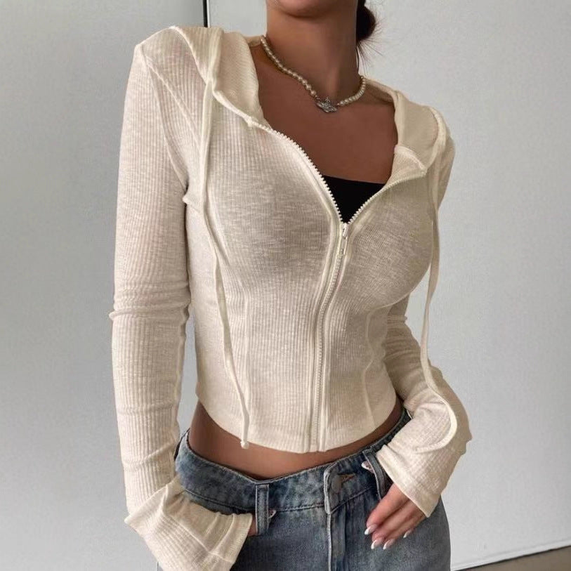 Fall Winter Knitwear Cardigan Top Slim Fit Sports Hoodie Short Zipper Hooded Sweatshirt