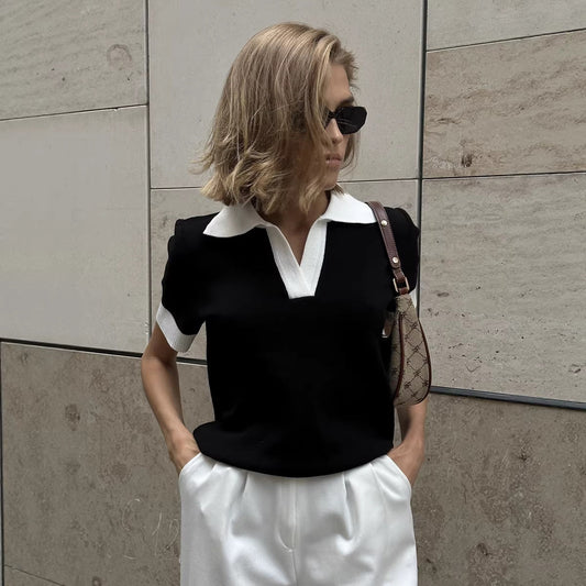 Short Sleeved Knitwear Summer Office Polo Collar Contrast Color Slim Fit Knitted Top