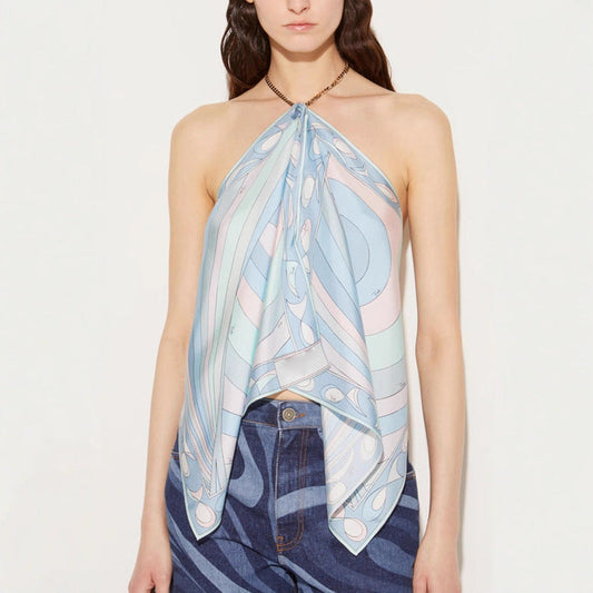 Spring Summer Halter Positioning Printing Tube Top Loose Vacation Party Backless Satin
