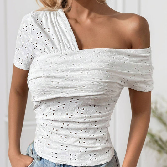 Collar Short-Sleeved Women T shirt Hollow Out Cutout Sexy Shoulder Slim High Waist Polka Dot Women Top