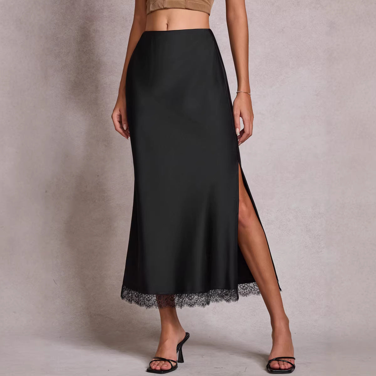 Women Clothing Satin Skirt Lace Split High Waist Elastic Sexy Sheath Skirt