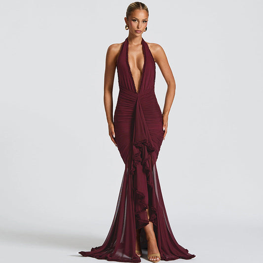Summer Mesh Stitching Elegant Dress Maxi Dress V neck Halter Backless Sexy Dress Women