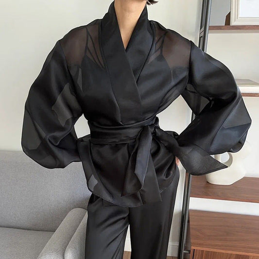 Spring French Black See through Shirt Women Puff Sleeve V neck Lace up Top