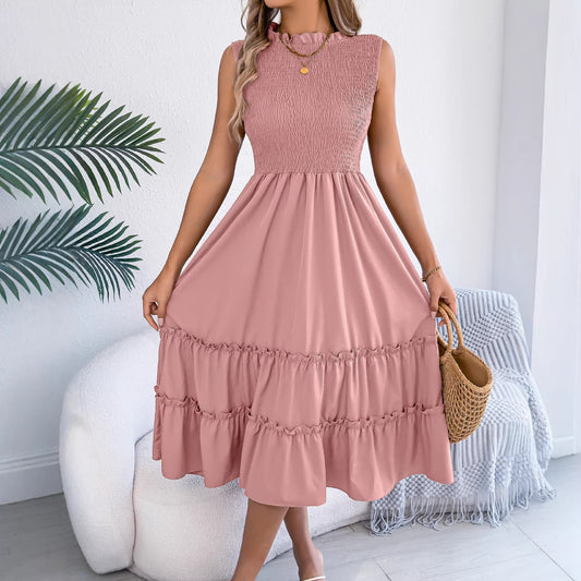 Spring Summer Casual Sleeveless Smocking Waist Tight Wooden Ear Large Swing Dress Independent Stand Women Clothing