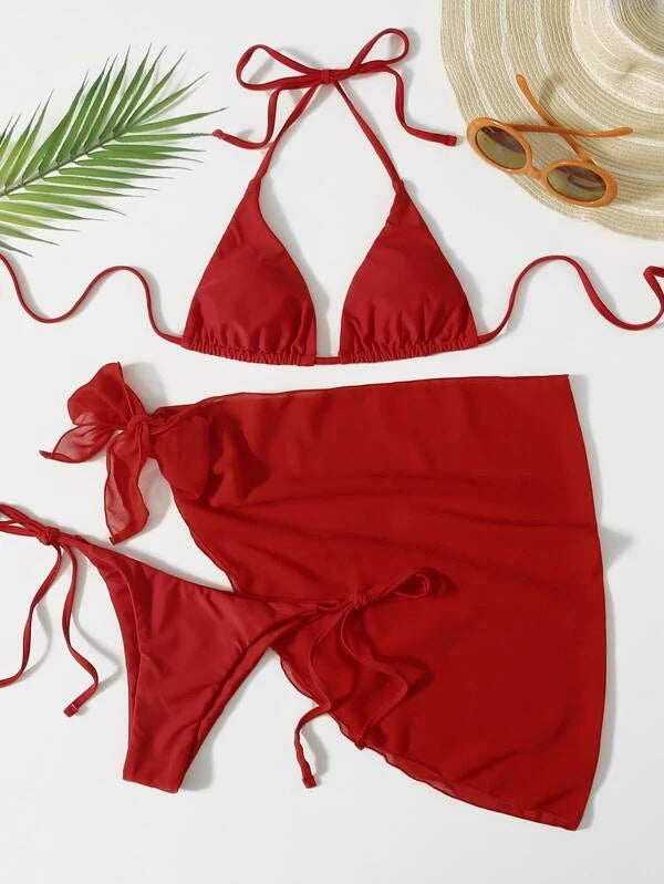 Solid Color Triangle Cup Bandage Sexy Bikini Three Piece Swimsuit