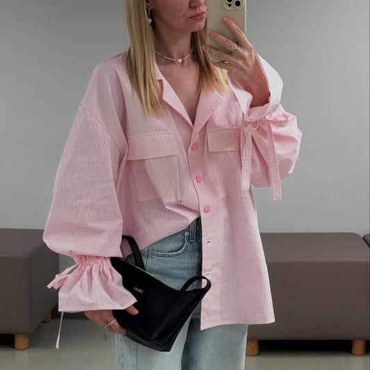 Fashionable Striped Office French Shirt for Women Spring Autumn Printing Collared Bell Sleeve Loose Pockets Shirt