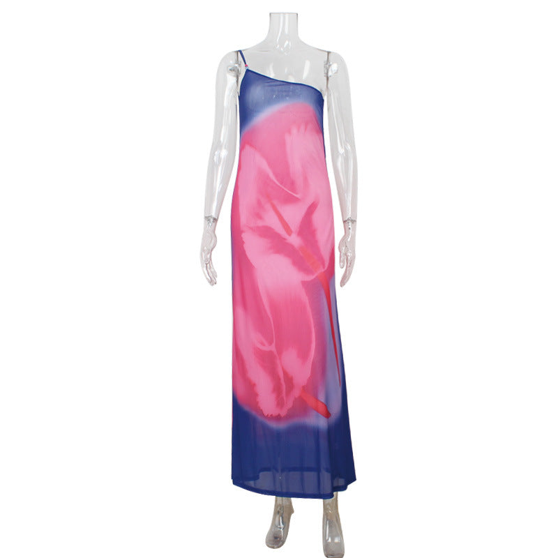 Women Clothing Elegant Diagonal Collar Sling Bare Back Printed Dress Slim Fit Slit Dress