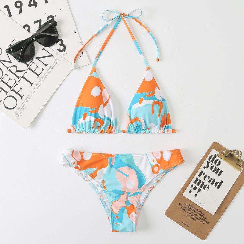 Women Split Sexy Digital Printing Lace up Bikini Swimsuit Swimwear Beach Swimwear