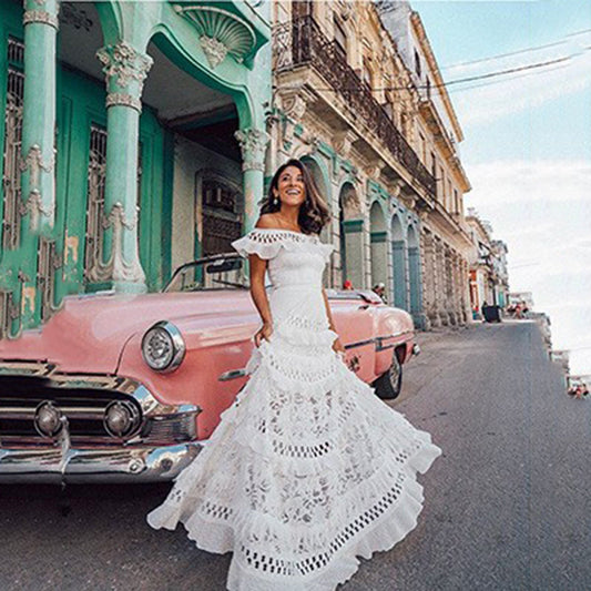 Summer Women Clothing off Shoulder Ruffled Hollow Out Cutout Wide Hem Lace Long Dress